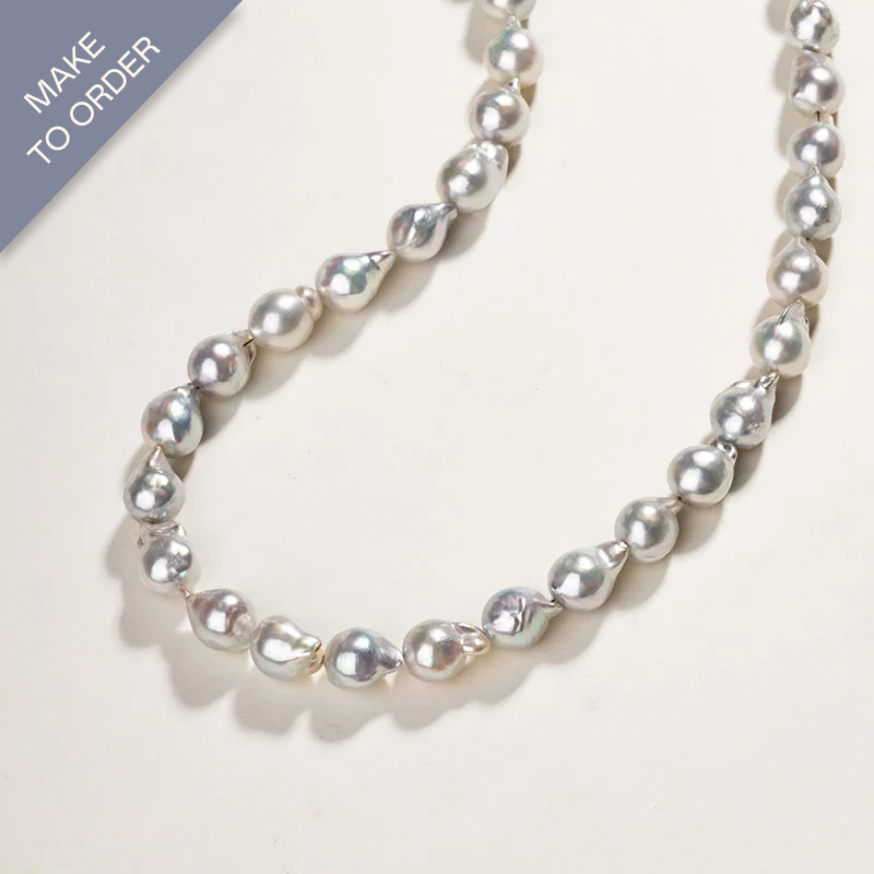 18k Gold Large Akoya Silver Blue Baroque Pearl Beaded Necklace