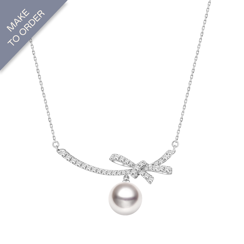 Akoya Pearl 18K White Gold Bowknot Diamond Ribbon Necklace