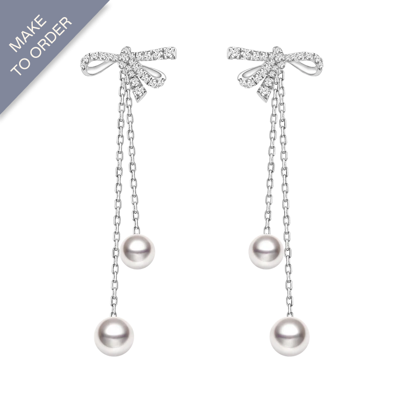 Akoya Pearl 18K White Gold Bowknot Floating Diamond Earrings
