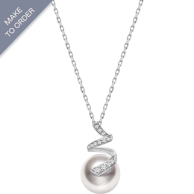 Akoya Pearl 18K White Gold Multi-Curve Wave Diamonds Pendant Necklace