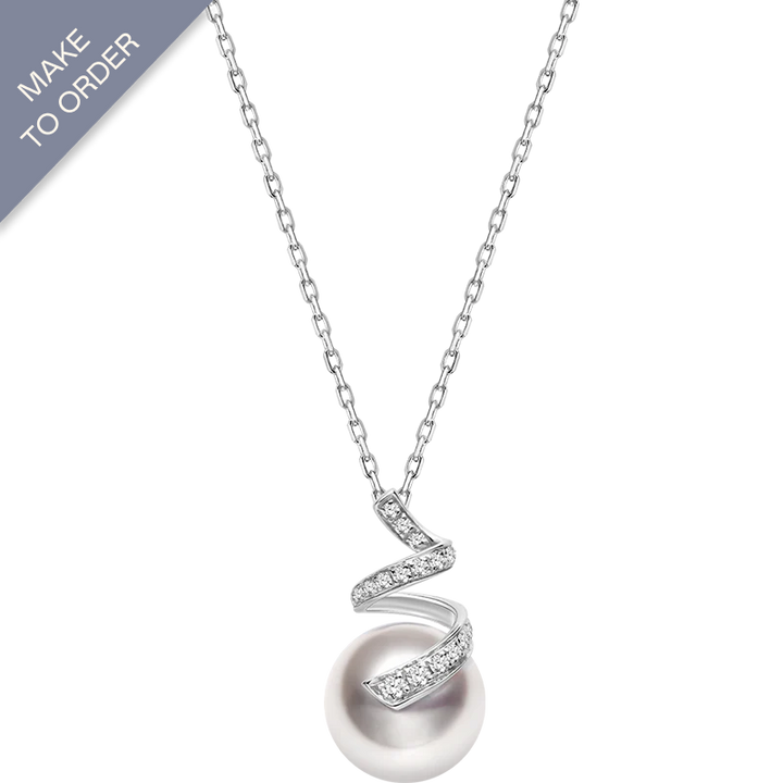 Akoya Pearl 18K White Gold Multi-Curve Wave Diamonds Pendant Necklace