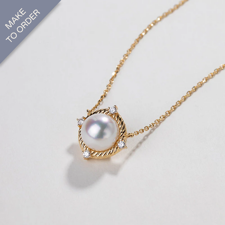 Akoya 18K Gold Textured Swirl Pearl Diamond Necklace