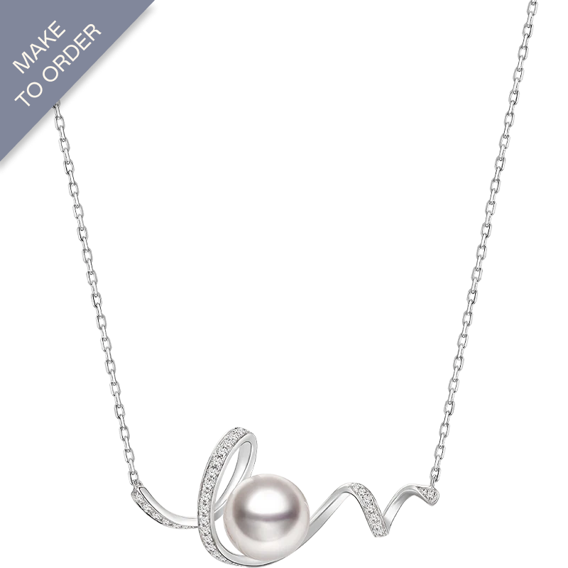 Akoya Pearl 18K White Gold Big Wave Curl Diamonds Necklace