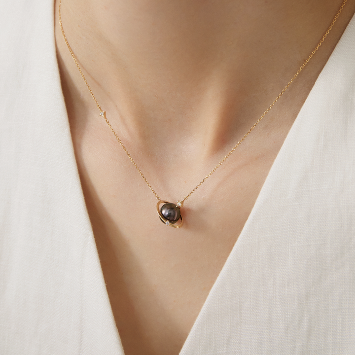 Tahitian Pearl 18K Gold Planetary Style Diamonds Necklace