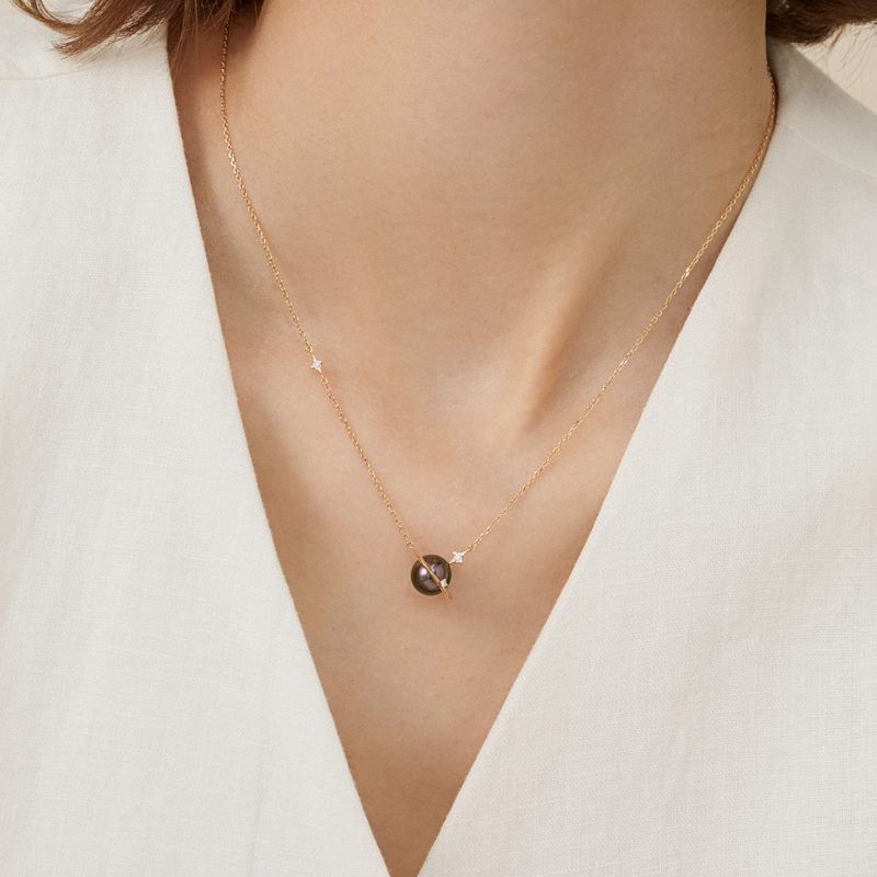 Tahitian Pearl 18K Gold Planetary Style Diamonds Necklace