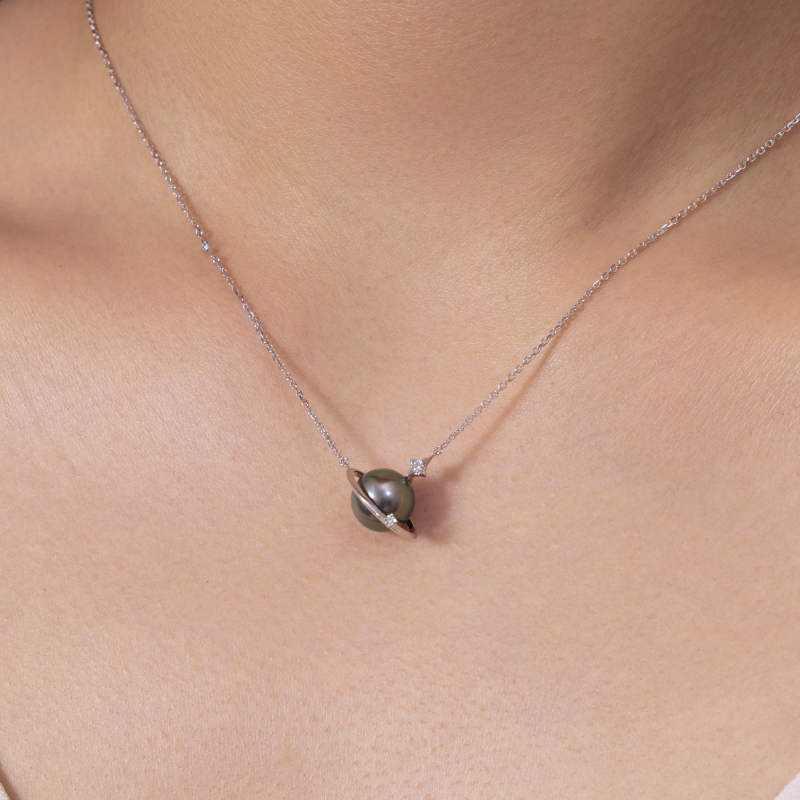 Tahitian Pearl 18K Gold Planetary Style Diamonds Necklace