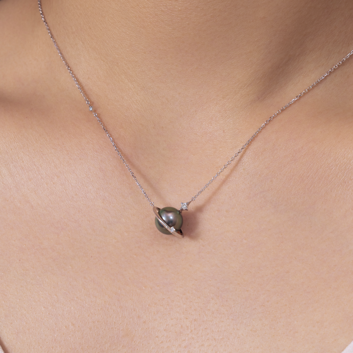Tahitian Pearl 18K Gold Planetary Style Diamonds Necklace
