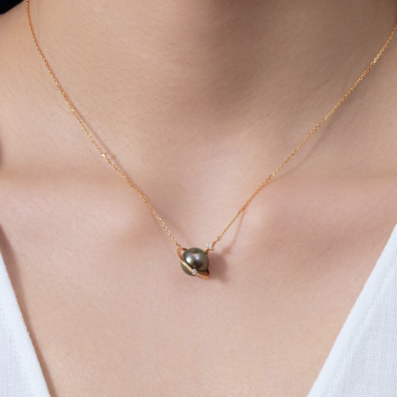 Tahitian Pearl 18K Gold Planetary Style Diamonds Necklace