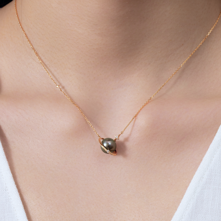 Tahitian Pearl 18K Gold Planetary Style Diamonds Necklace