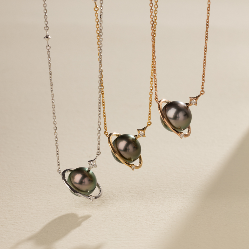 Tahitian Pearl 18K Gold Planetary Style Diamonds Necklace