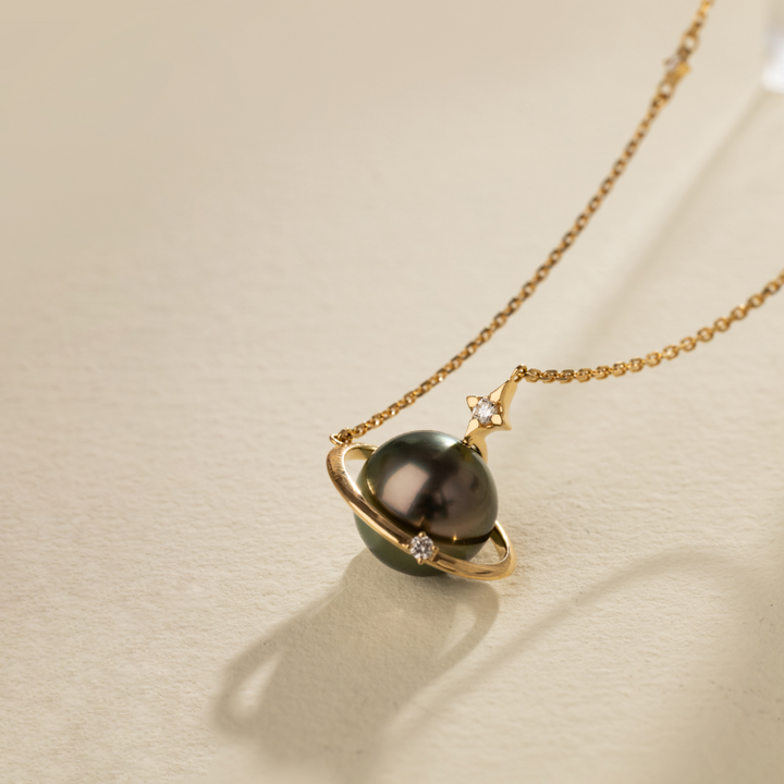Tahitian Pearl 18K Gold Planetary Style Diamonds Necklace