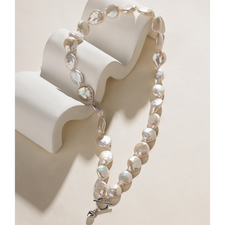 Freshwater Coin Pearl 925 Sterling Silver Toggle Clasp Design Necklace