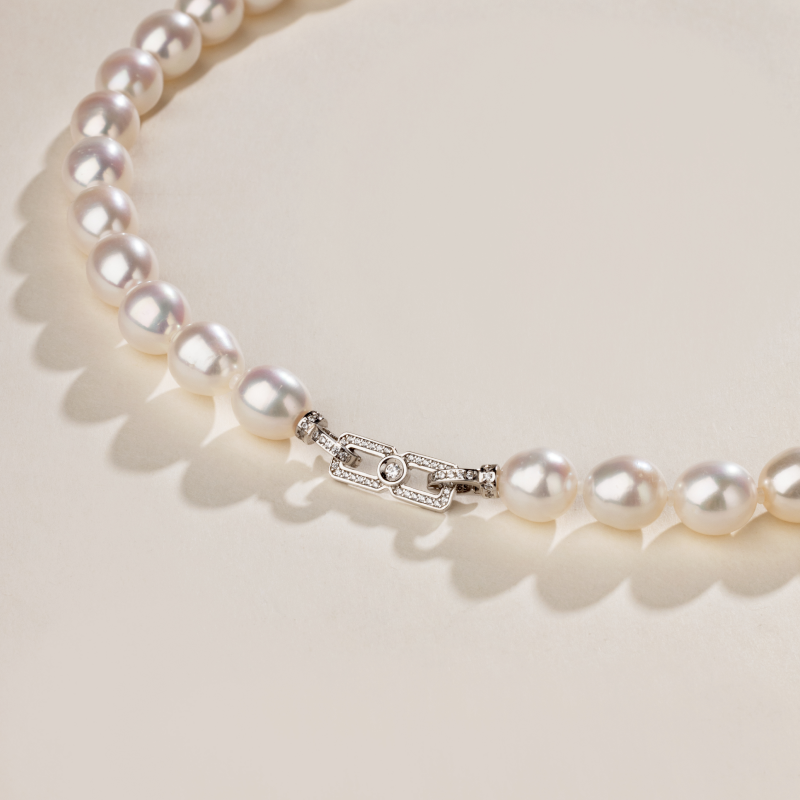 Oval Freshwater Pearl 925 Sterling Silver Cubic Zirconia Double Clasp Necklace