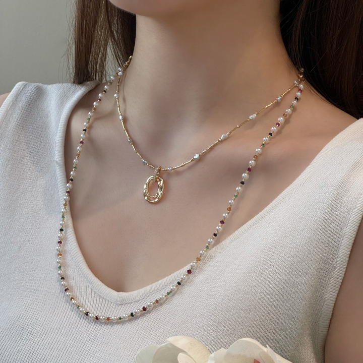18K Gold Saltwater Pearl Colored Gemstone Summer Dopamine Combo Necklace