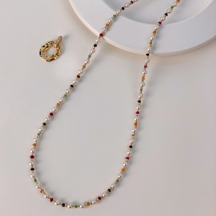 18K Gold Saltwater Pearl Colored Gemstone Summer Dopamine Combo Necklace