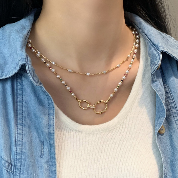 18K Gold Saltwater Pearl Colored Gemstone Summer Dopamine Combo Necklace