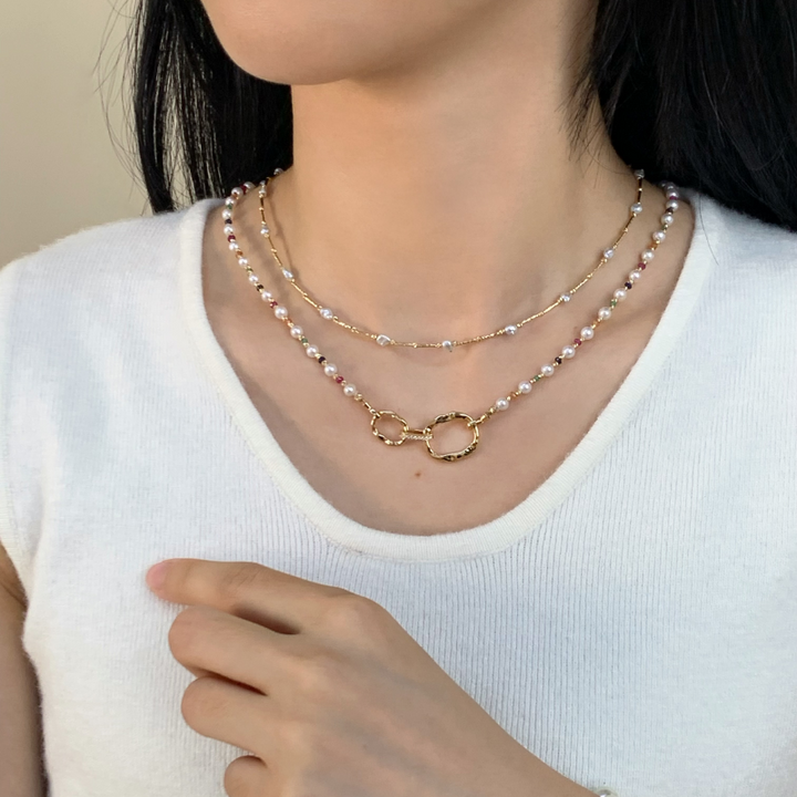 18K Gold Saltwater Pearl Colored Gemstone Summer Dopamine Combo Necklace
