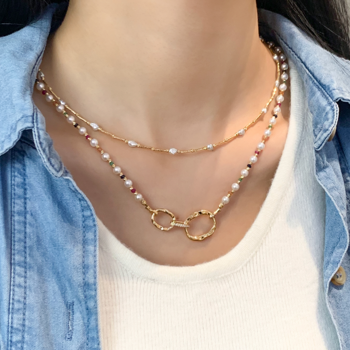 18K Gold Saltwater Pearl Colored Gemstone Summer Dopamine Combo Necklace