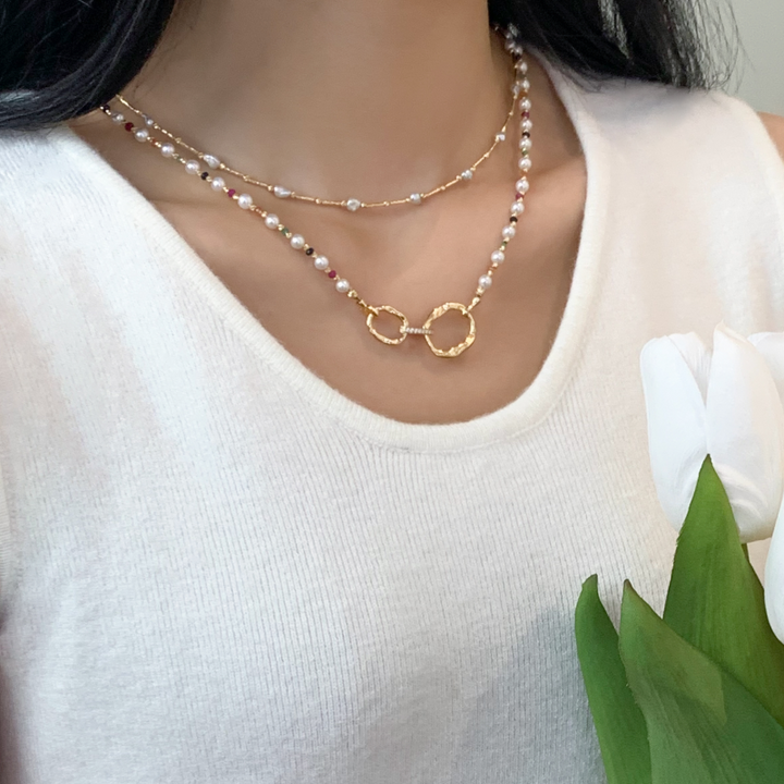 18K Gold Saltwater Pearl Colored Gemstone Summer Dopamine Combo Necklace