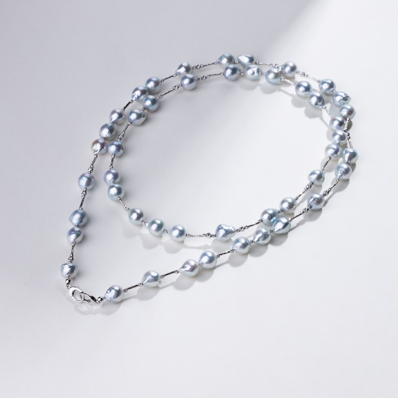 Silver Blue Baroque Pearl 18K Gold Sparkling Long Station Necklace