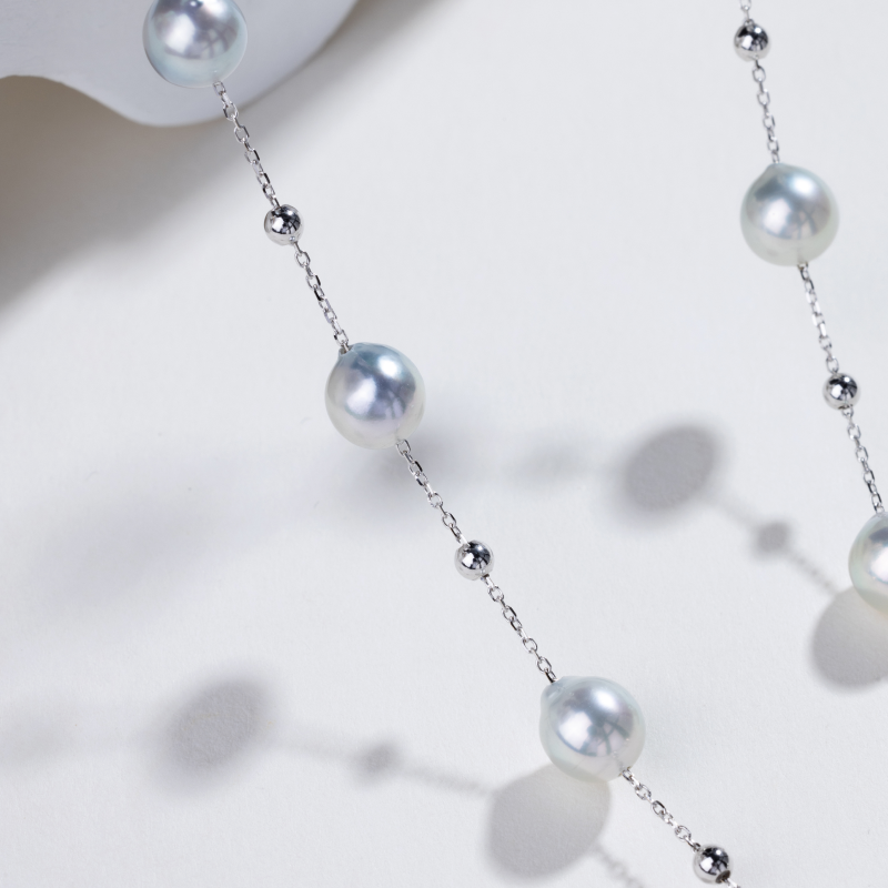 Silver-blue Baroque Pearl 18K Gold Baby's Breath Sweater Necklace