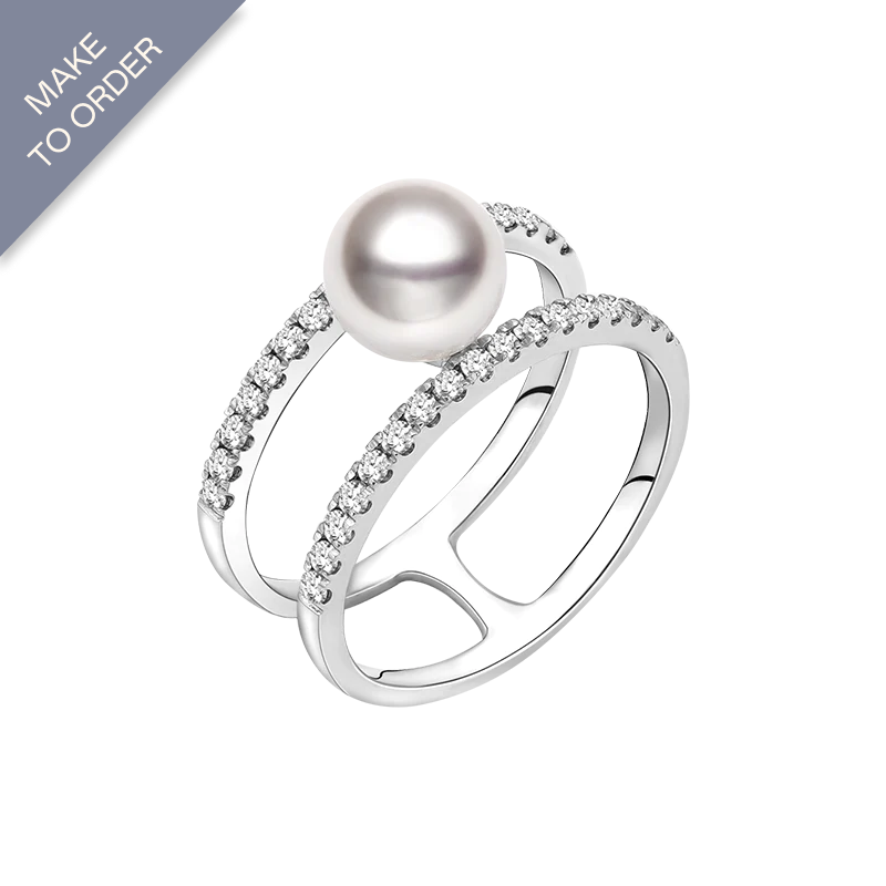 Akoya Pearl White 18K Gold Double Band Diamonds Ring