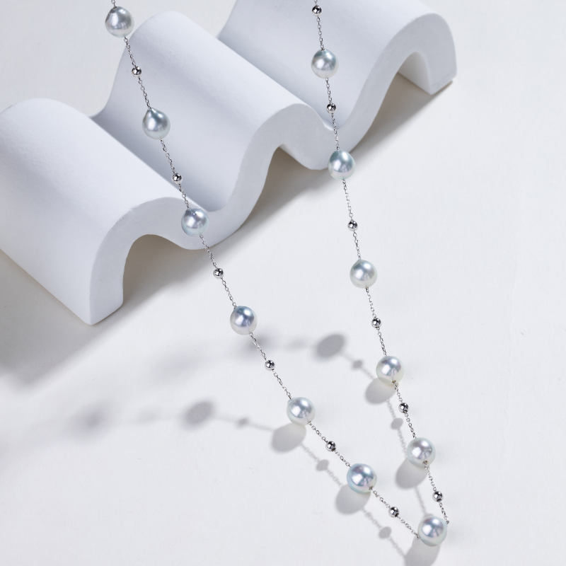 Silver - Blue Baroque Pearl 18K Gold Long Station Necklace - HELAS Jewelry