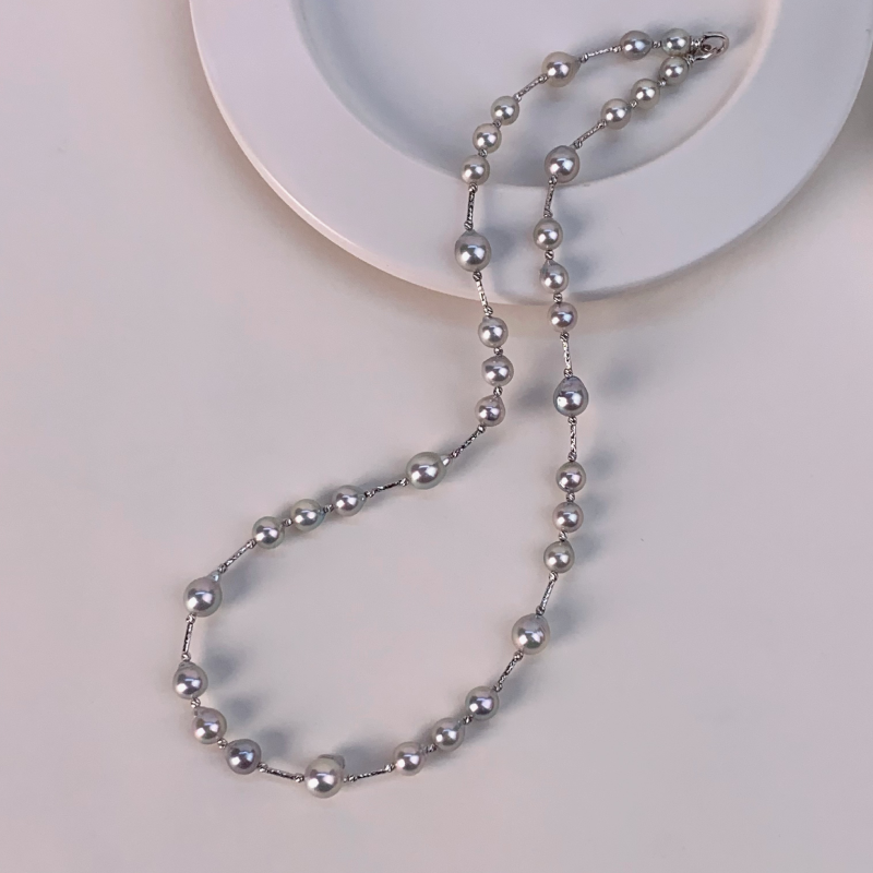 Silver Blue Baroque Akoya 18K Gold Casual Style Strand Necklace