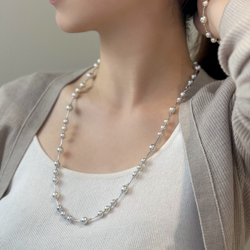 Silver Blue Baroque Pearl 18K Gold Sparkling Long Station Necklace