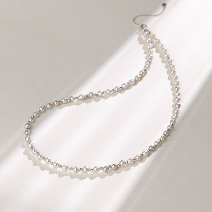 Silver Blue Akoya Baroque Pearl 18K Gold Interlaced Necklace