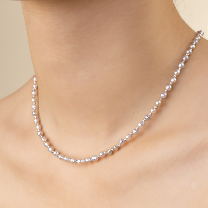 Silver Blue Akoya Baroque Pearl 18K Gold Interlaced Necklace