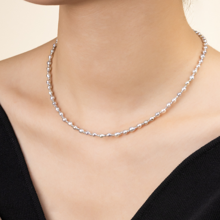 Silver Blue Akoya Baroque Pearl 18K Gold Interlaced Necklace