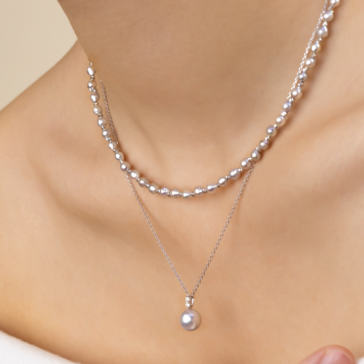 Silver Blue Akoya Baroque Pearl 18K Gold Interlaced Necklace