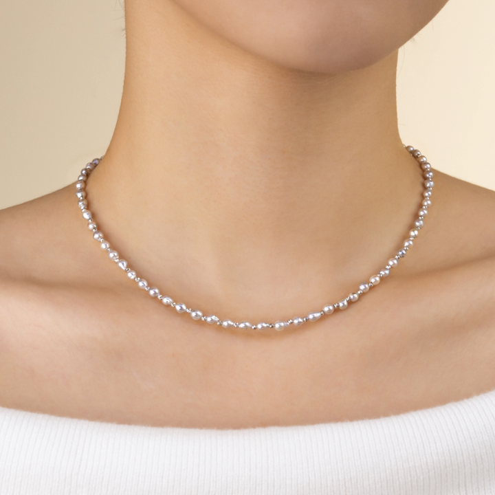 Silver Blue Akoya Baroque Pearl 18K Gold Interlaced Necklace