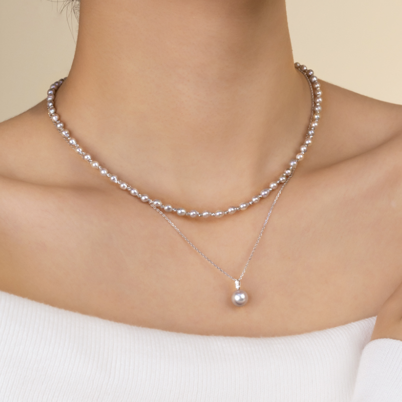 Silver Blue Akoya Baroque Pearl 18K Gold Interlaced Necklace