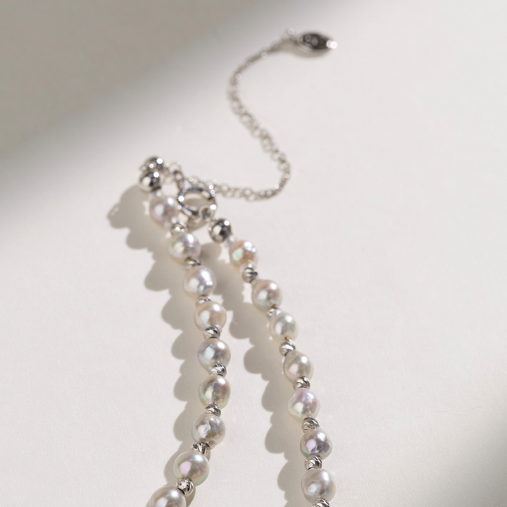 Silver Blue Akoya Baroque Pearl 18K Gold Interlaced Necklace