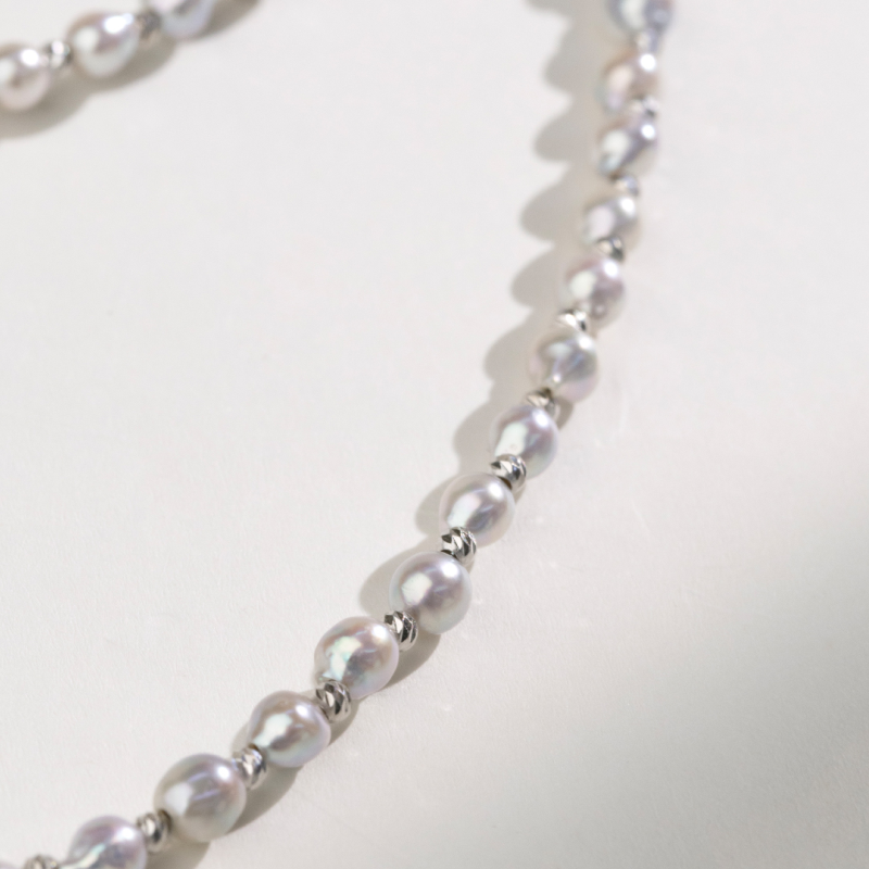 Silver Blue Akoya Baroque Pearl 18K Gold Interlaced Necklace