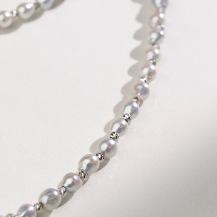 Silver Blue Akoya Baroque Pearl 18K Gold Interlaced Necklace