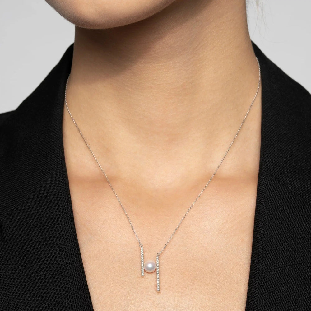 H Collection Akoya Saltwater Pearl 18K White Gold Asymmetric "H" Necklace - HELAS Jewelry