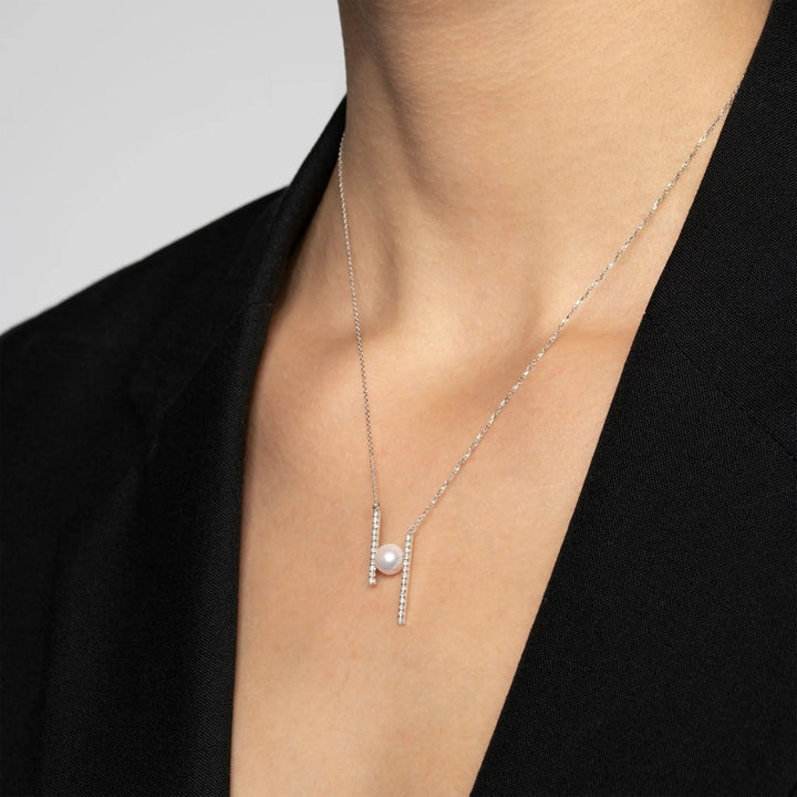 H Collection Akoya Saltwater Pearl 18K White Gold Asymmetric "H" Necklace - HELAS Jewelry
