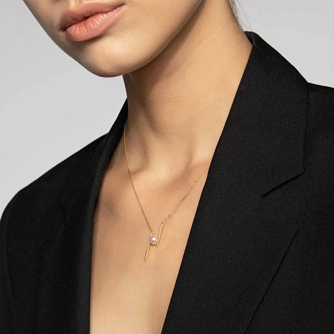 H COLLECTION Akoya Saltwater Pearl 18K Yellow Gold Asymmetric "H" Necklace - HELAS Jewelry