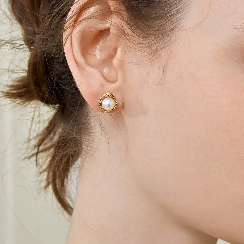 Akoya Pearl Diamond Knot Stud Earrings 18K Yellow Gold