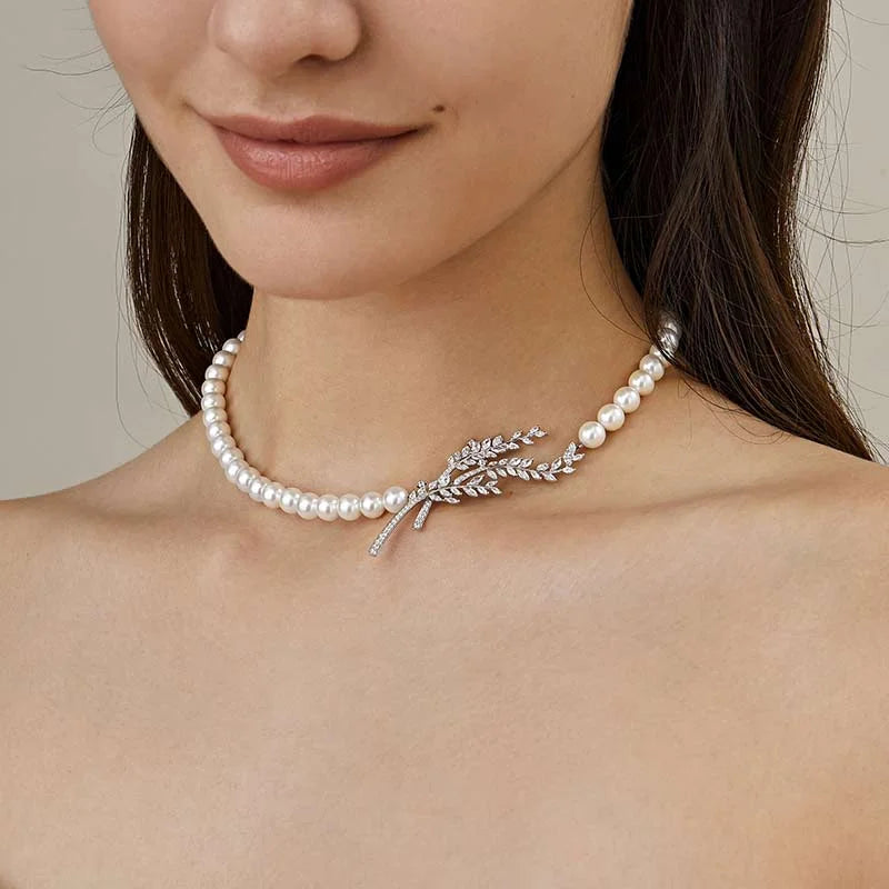 Akoya Pearl Beaded 18K Diamonds Sycamore Leaves Necklace