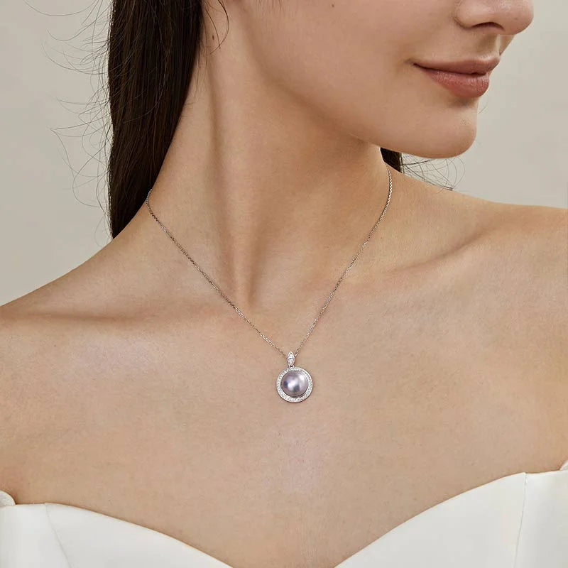 Silver Blue Mabe Pearl Diamond Pendant Necklace