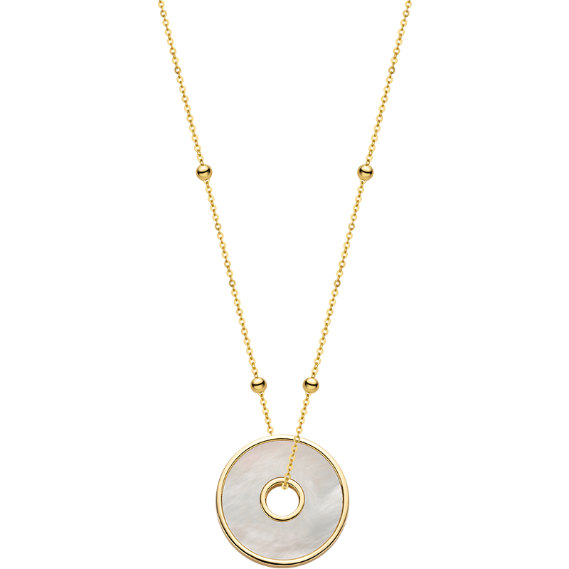 18K Solid Gold Mother of Pearl Round Hole Coin Necklace