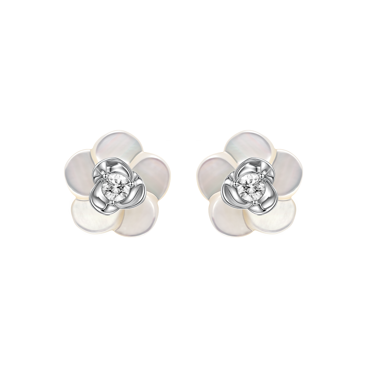 Mother-of-pearl 10K 14K White Gold Lab-Grown Diamond Gardenia Stud Earrings