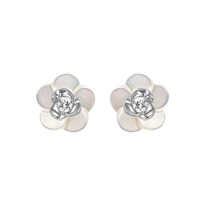 Mother-of-pearl 9K White Gold Lab-Grown Diamond Gardenia Stud Earrings