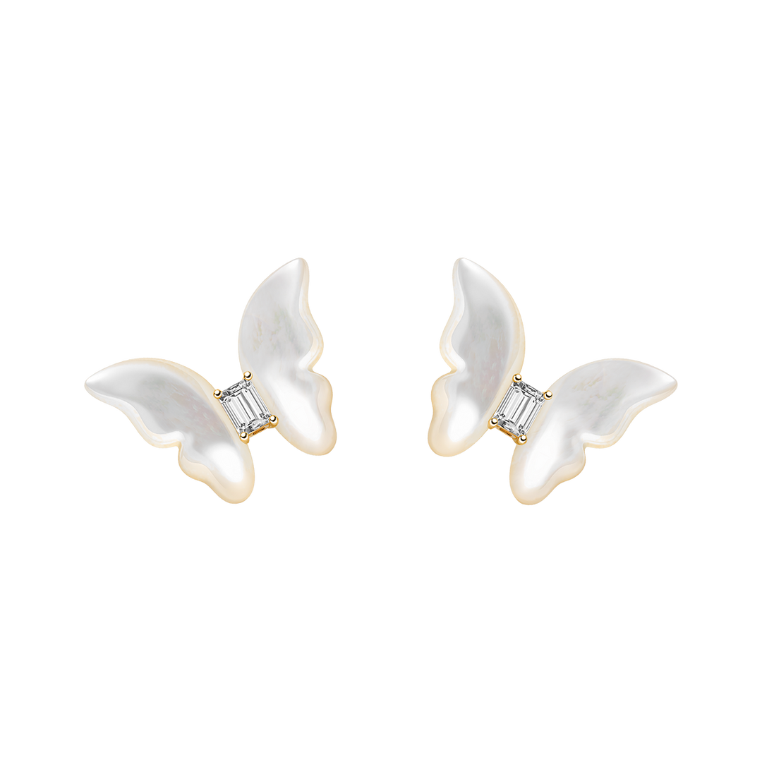 Mother-of-Pearl 9K Gold Lab-Grown Diamond Butterfly Sugar Cube Stud Earrings