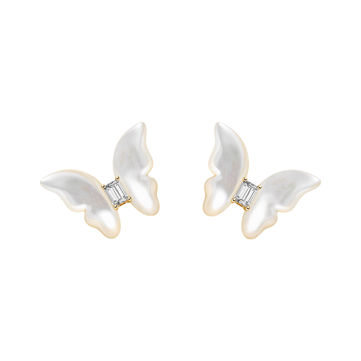 Mother-of-Pearl 9K Gold Lab-Grown Diamond Butterfly Sugar Cube Stud Earrings