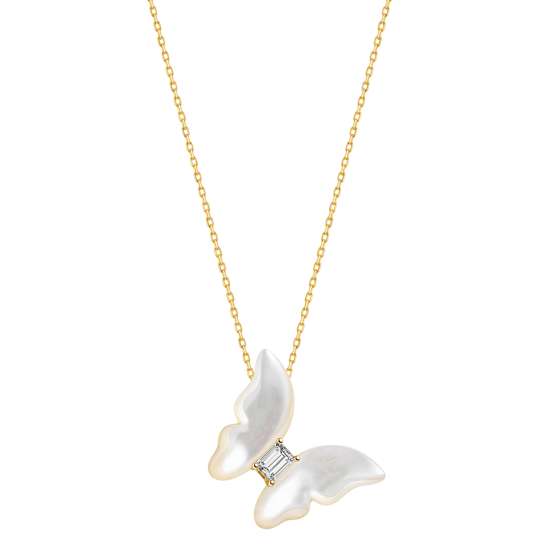 Mother-of-Pearl 9K Gold Lab-Grown Diamond Butterfly Sugar Cube Pendant Necklace